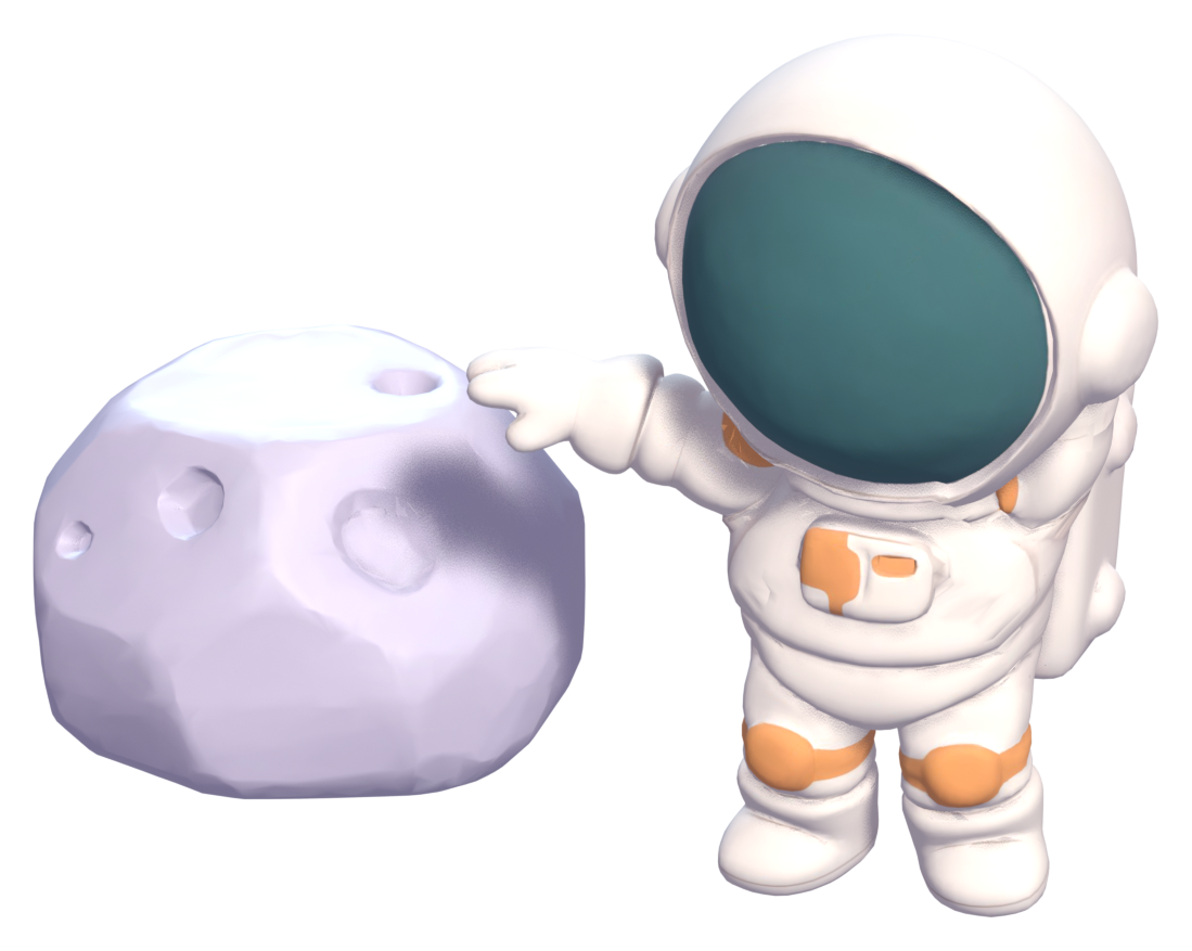 A cartoon astronaut in a white and orange suit reaching out to touch a pale lavender moon rock.