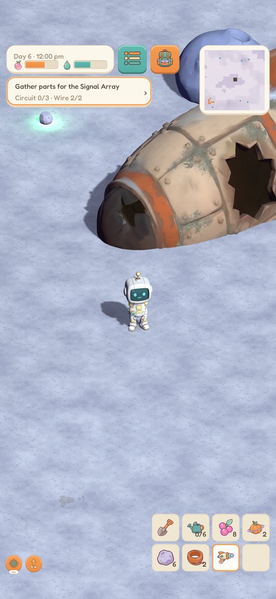 The robot on the icy Frost Flats near a half-buried old ship.