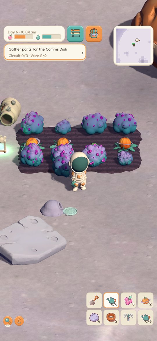 The astronaut beside a moonberry and squash garden next to the crashed ship.